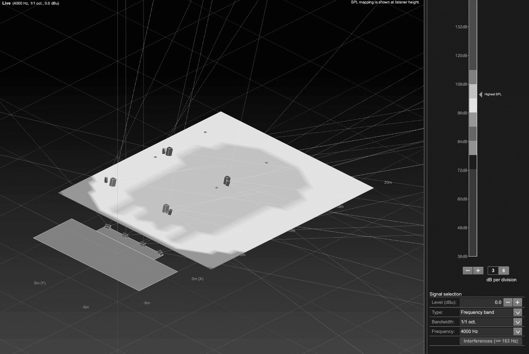 3D-Simulation einer Lautsprecher-Abdeckung in einem Saal